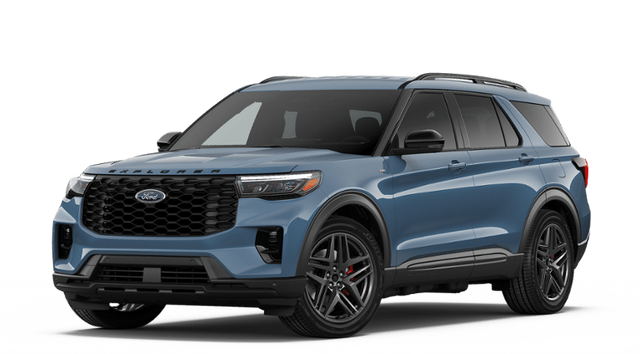 2026 Ford Explorer ST-Line in Vapor Blue Metallic — front three-quarter view