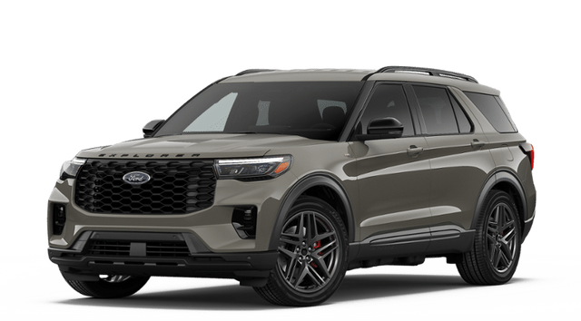 2026 Ford Explorer ST-Line in Marsh Gray — front three-quarter view