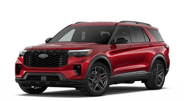 2026 Ford Explorer ST-Line in Rapid Red Metallic Tinted Clearcoat — front three-quarter view